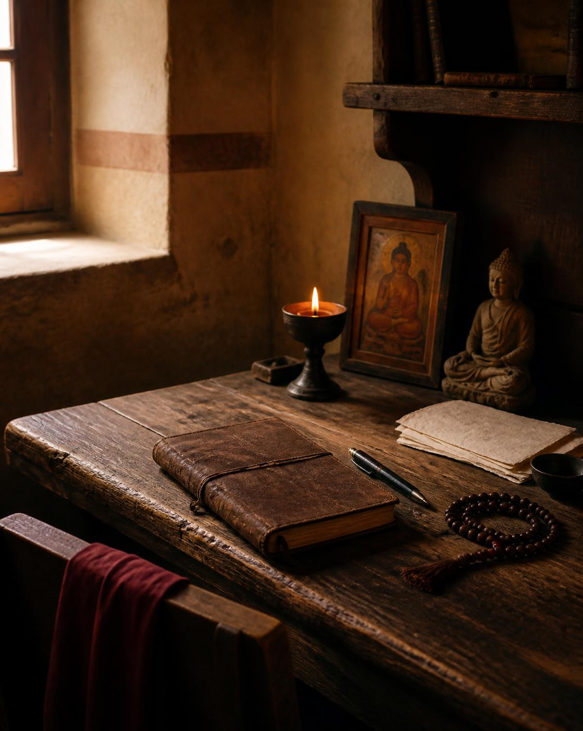 A monastery desk with a journal, prayer beads, an icon and a stone buddha