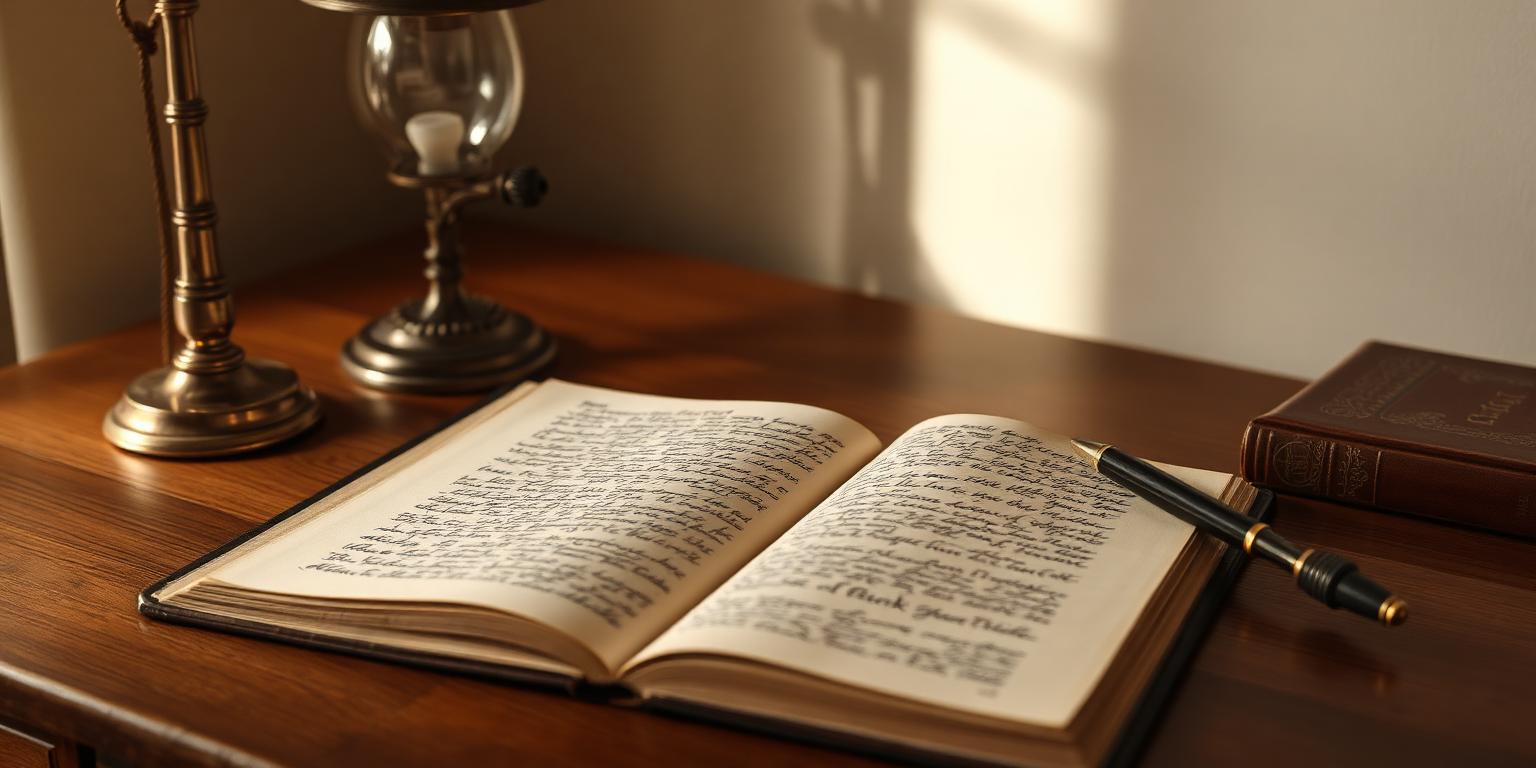 An open handwritten manuscript beside a lamp on a wooden desk