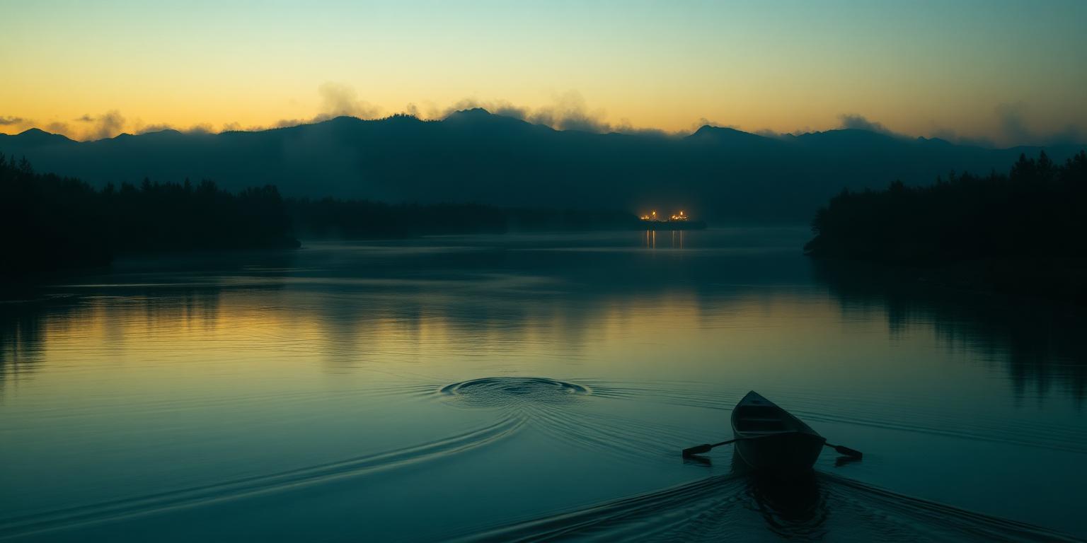 A small boat crossing still water toward a distant shore at dusk