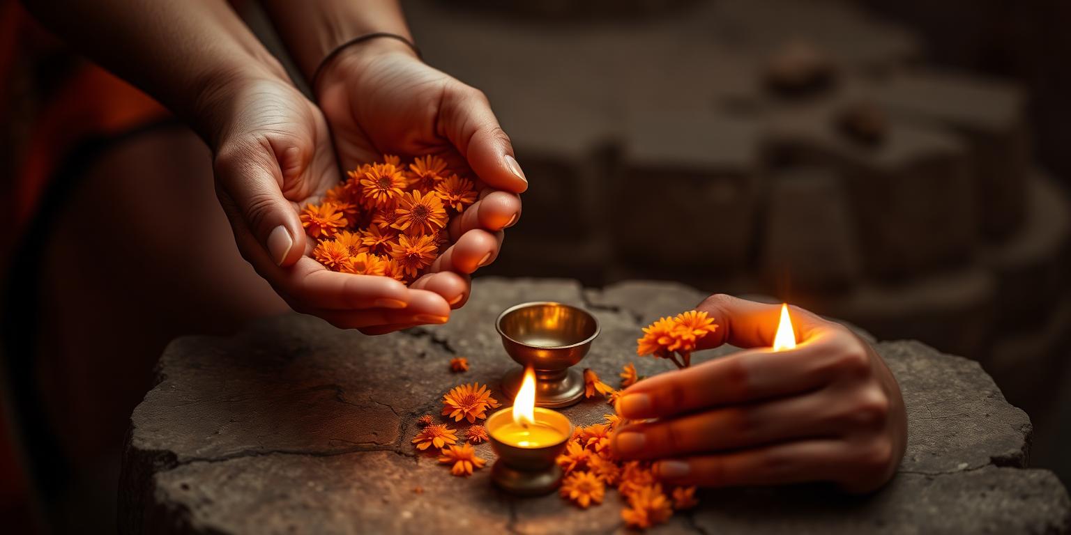 Hands offering marigold flowers and a small lamp at a stone altar