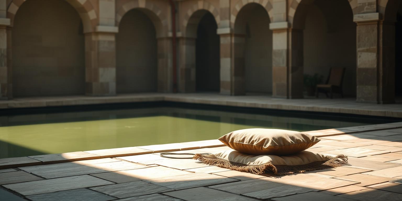 A meditation cushion beside a still reflecting pool in a stone courtyard