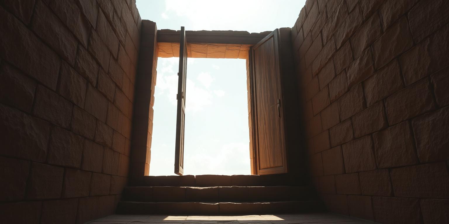 An open temple doorway looking out onto a vast bright sky