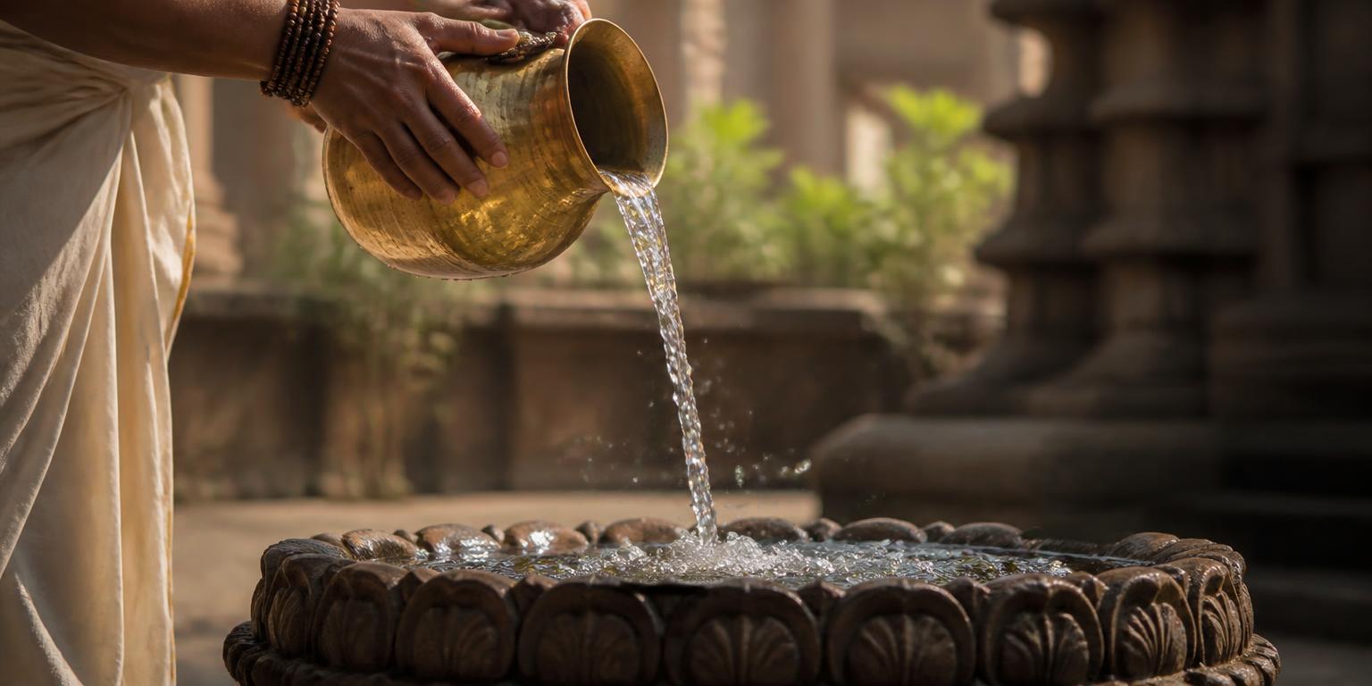 Clear water poured from a brass vessel into a carved stone basin