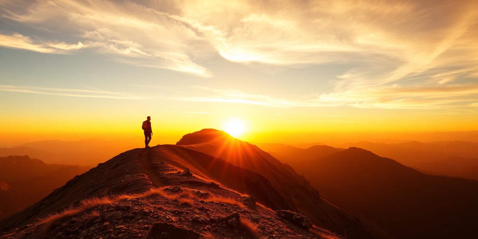 Dawn light breaking over a mountain ridge with a lone ascending path