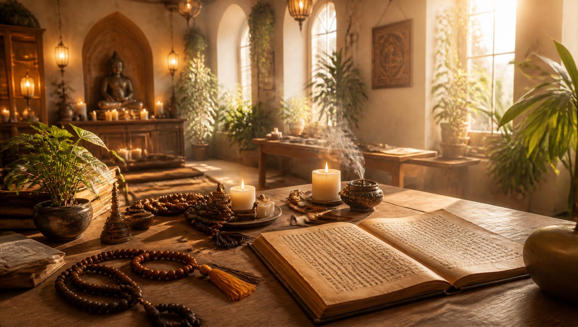 An old-world meditation sanctuary with mala beads, candlelight, incense and sacred manuscripts