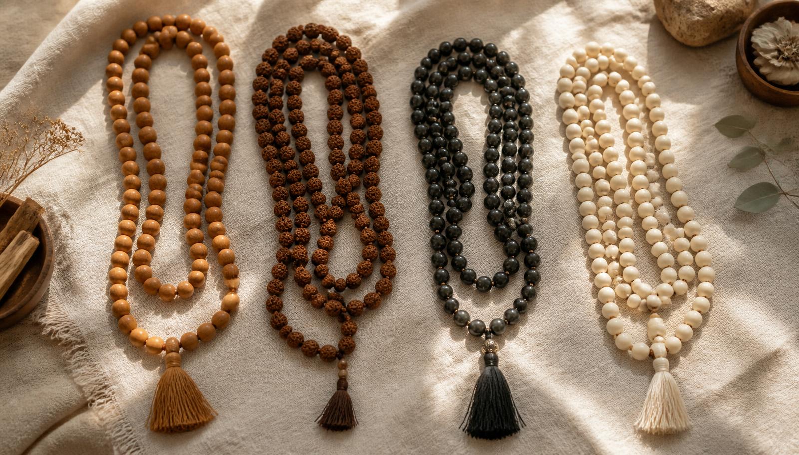 Four malas in sandalwood, rudraksha seed, dark gemstone and pale bone-white beads laid side by side on linen