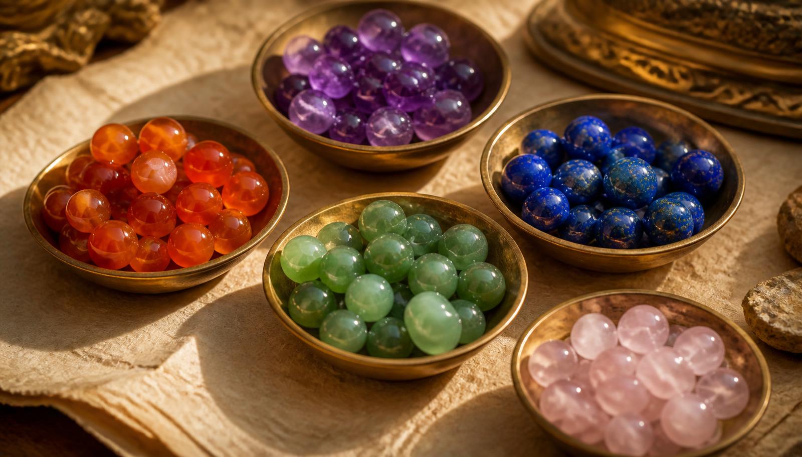 Polished amethyst, carnelian, lapis, jade and rose quartz beads in small brass dishes on aged parchment