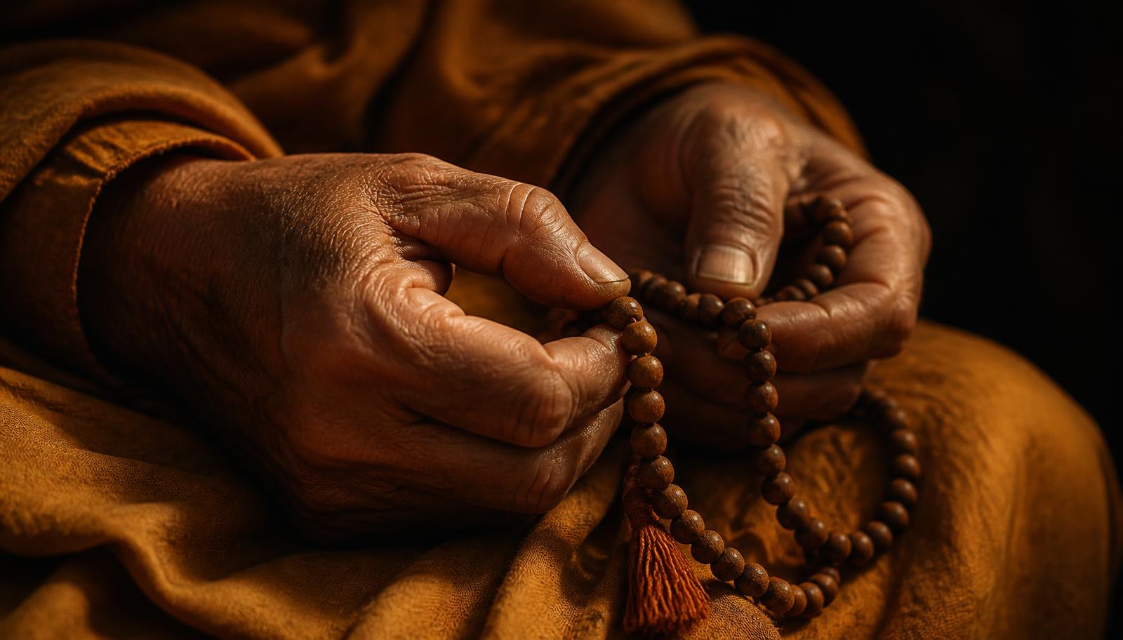 Weathered hands counting wooden mala beads with the thumb, resting on ochre cloth