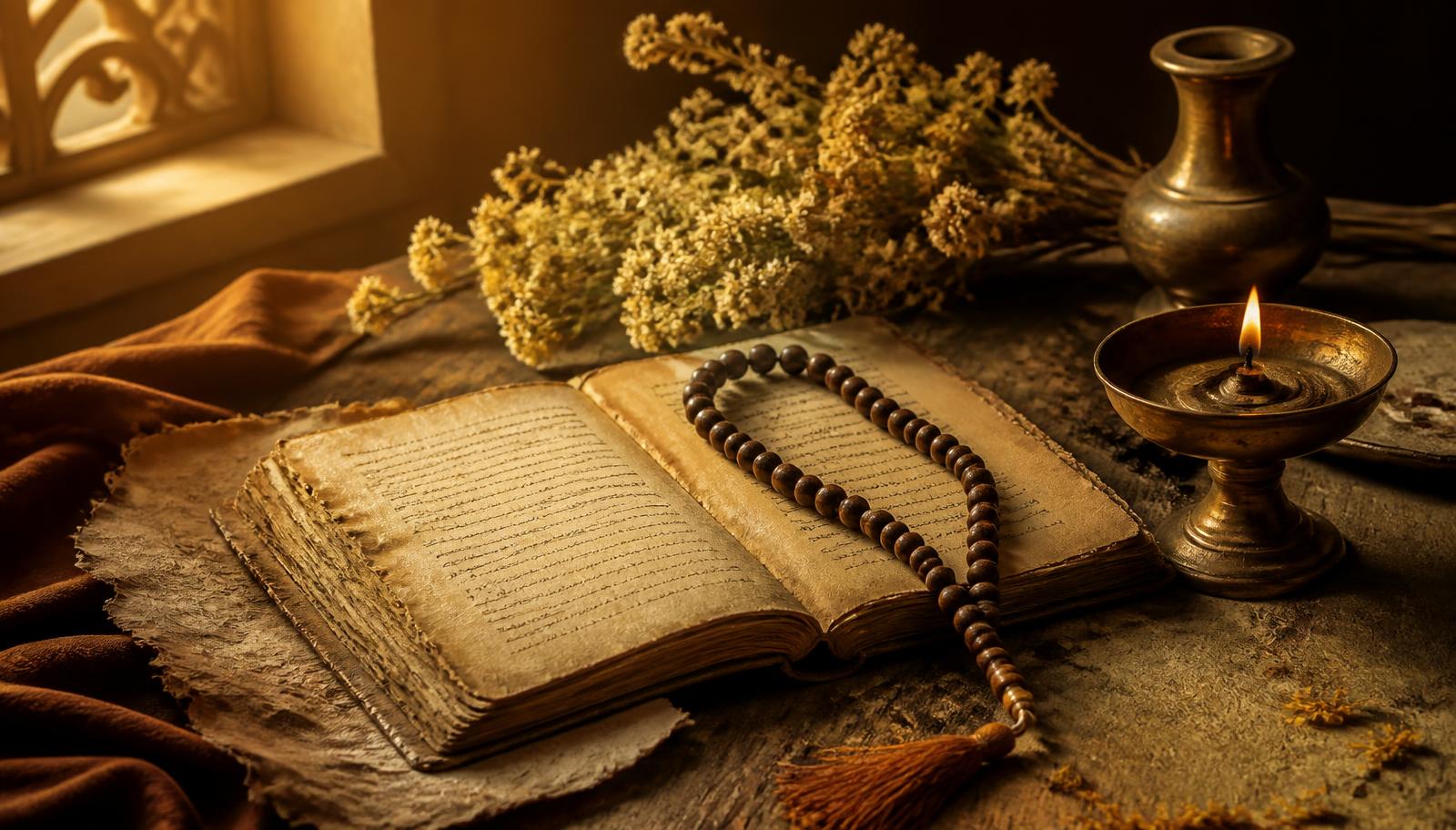 An open handwritten manuscript with a wooden mala laid across it, beside a brass oil lamp in warm golden light