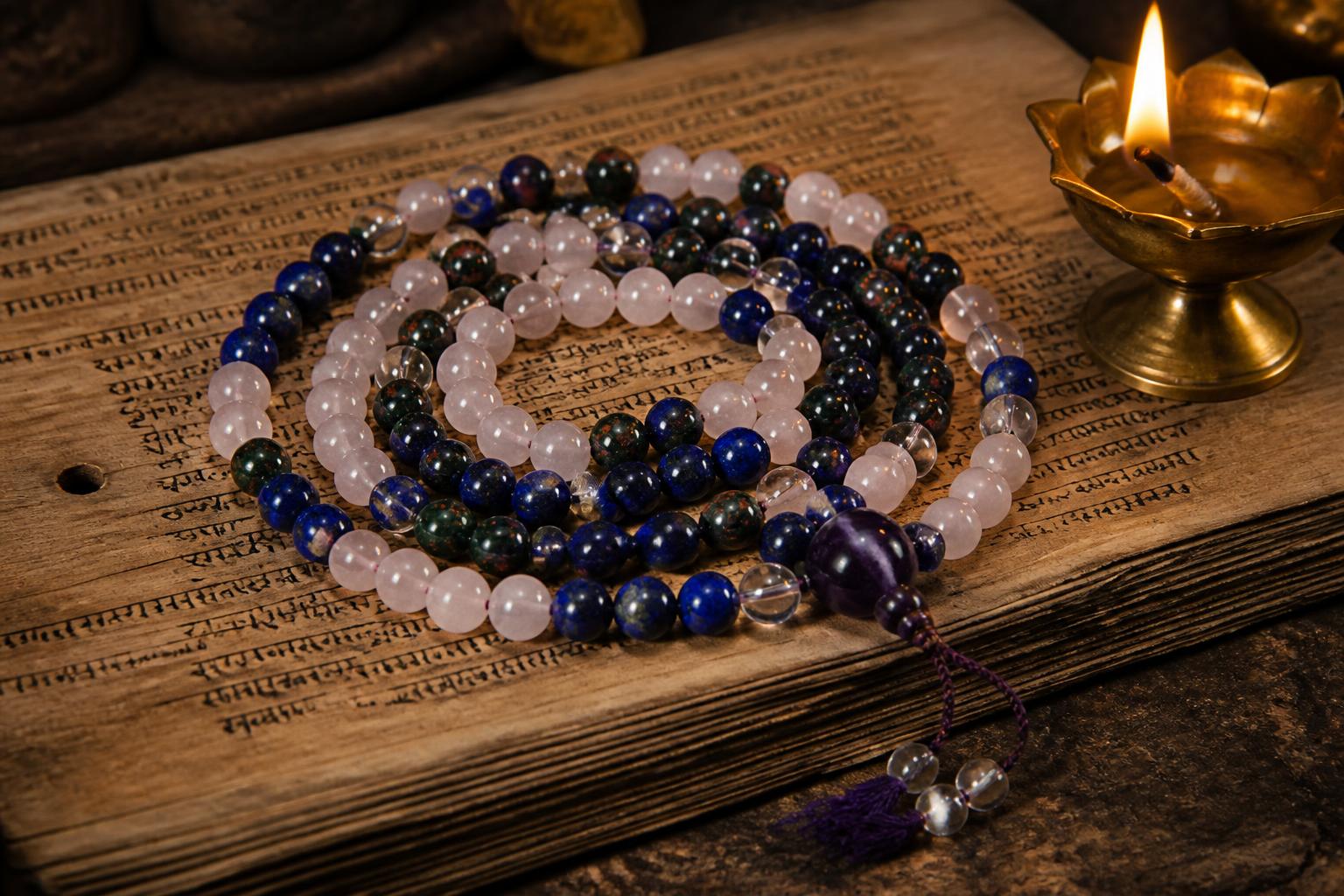 A hand-knotted mala with rose quartz, lapis lazuli, bloodstone, clear quartz markers and an amethyst guru bead, resting on an ancient palm-leaf manuscript beside a lit brass oil lamp