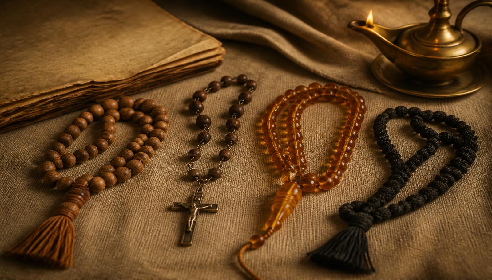 Several strands of prayer beads laid side by side on linen — a sandalwood mala with tassel, a tulsī wood mala, amber Islamic prayer beads, and a knotted Orthodox prayer rope