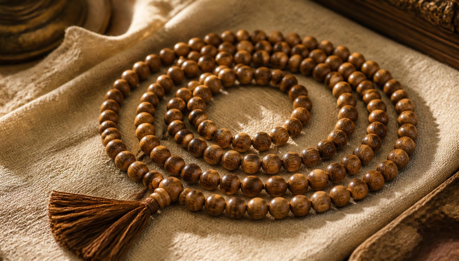 A full 108-bead sandalwood mala with a tassel, coiled in a spiral on linen cloth