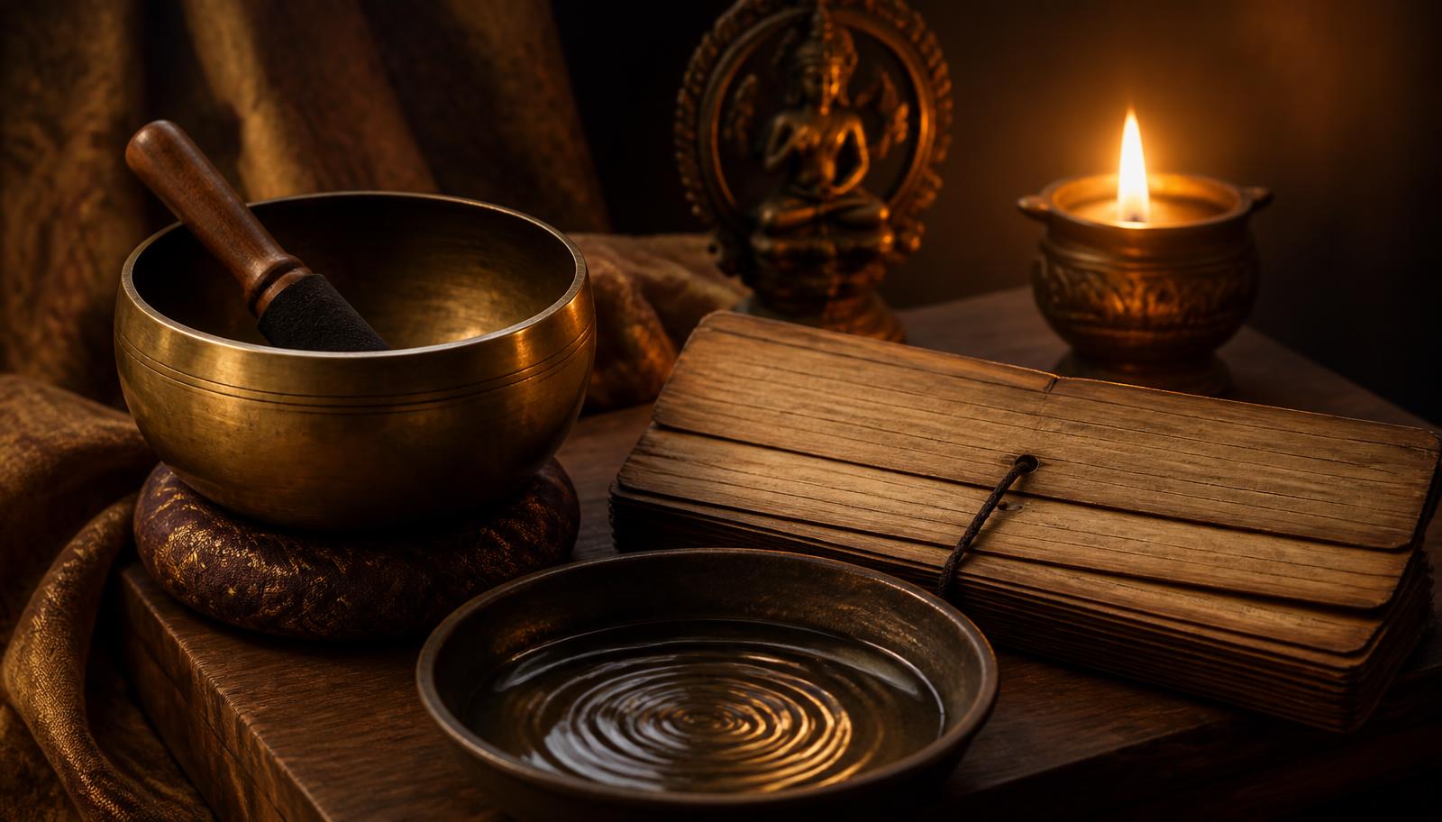 A brass singing bowl and palm-leaf manuscript beside a shallow bowl of rippling water in candlelight