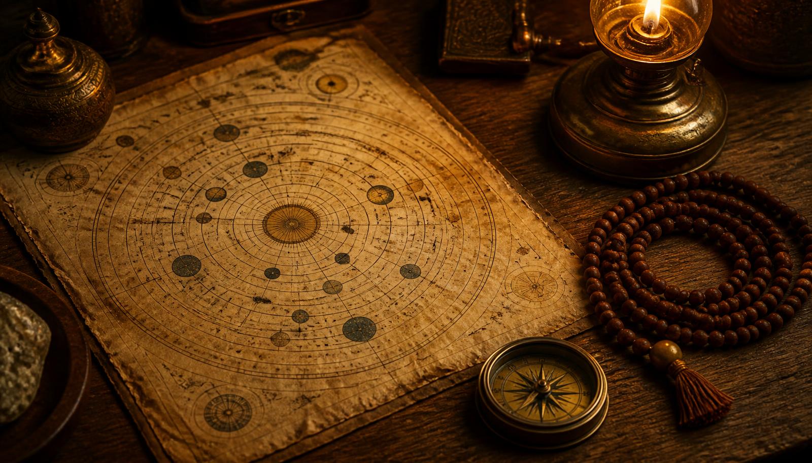 An aged astronomical chart of concentric circles beside a coiled mala and a brass compass