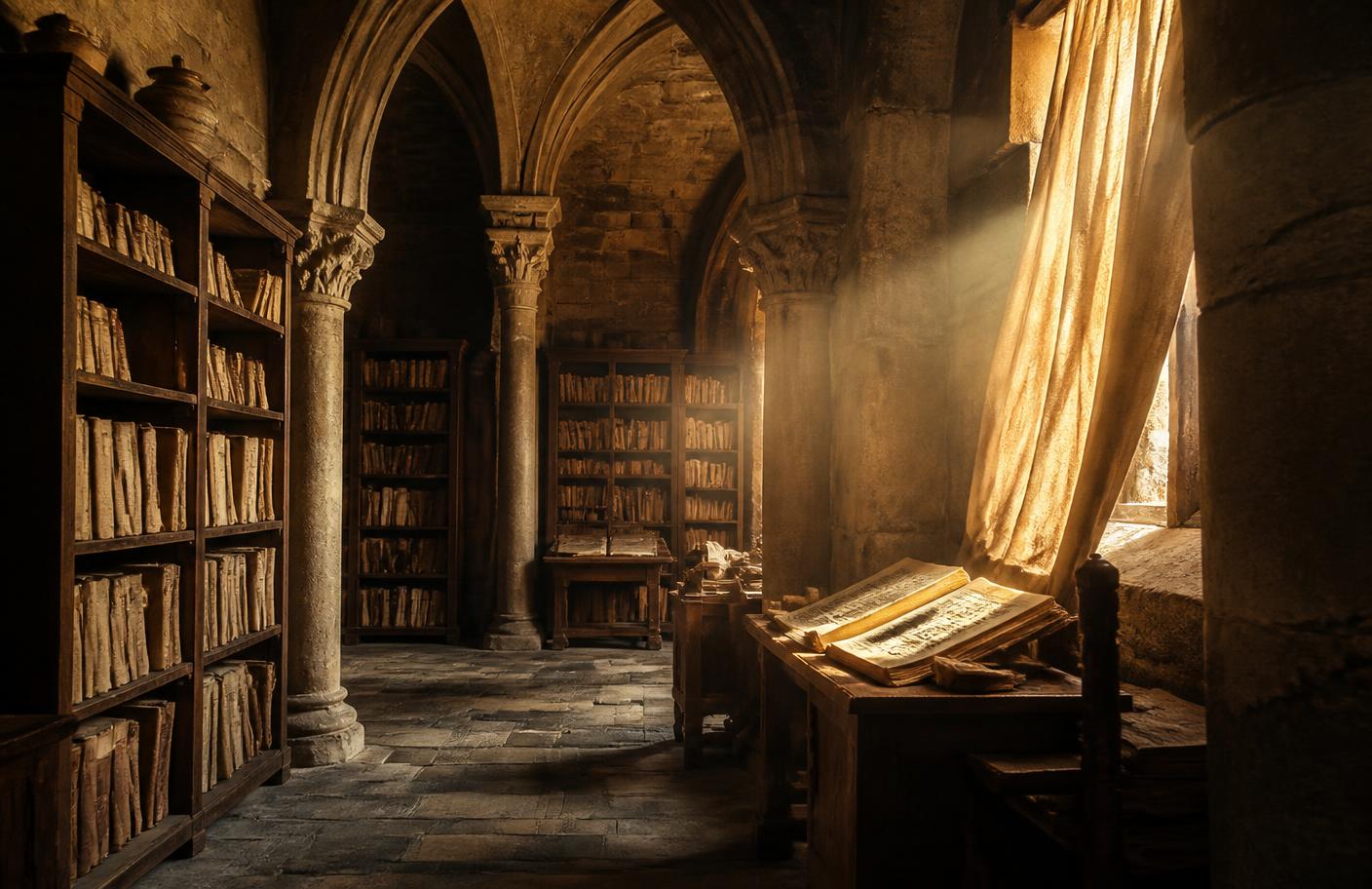An ancient monastery library with manuscripts and warm afternoon light