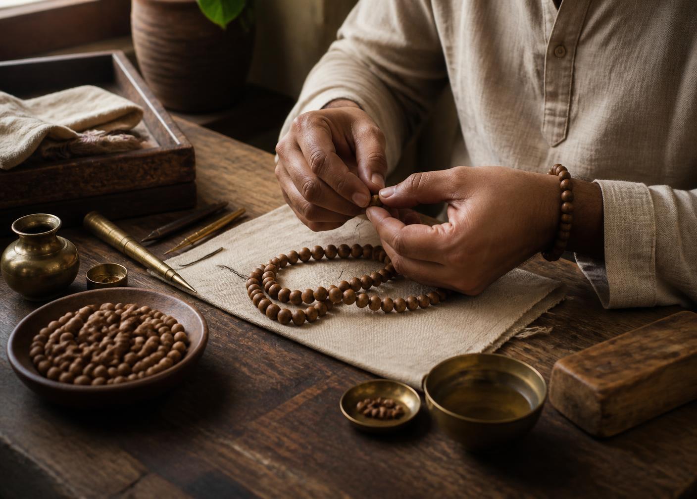 Artisan hands stringing sandalwood mala beads at a wooden workbench