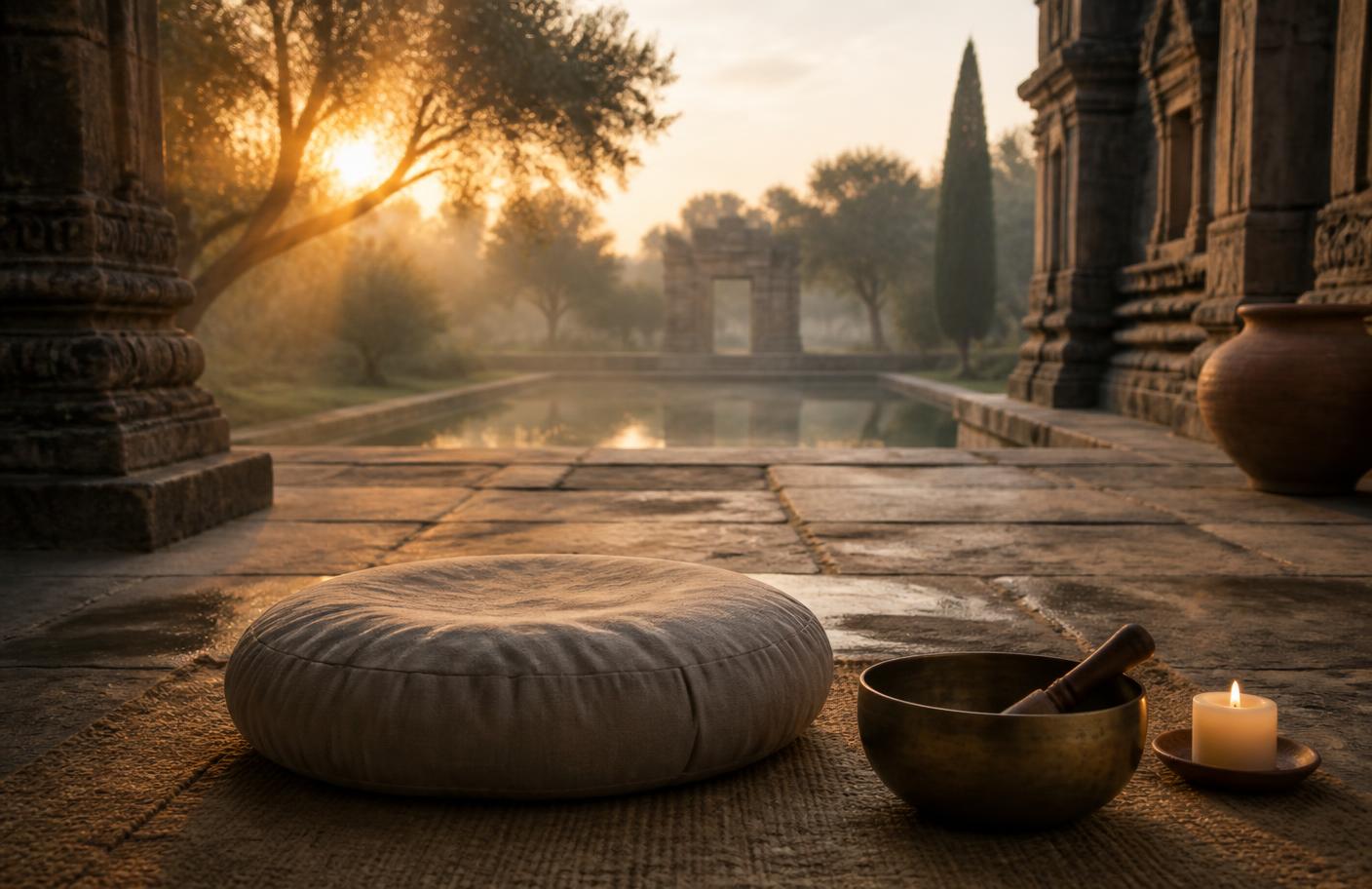 A stone temple courtyard at dawn with a linen cushion and singing bowl