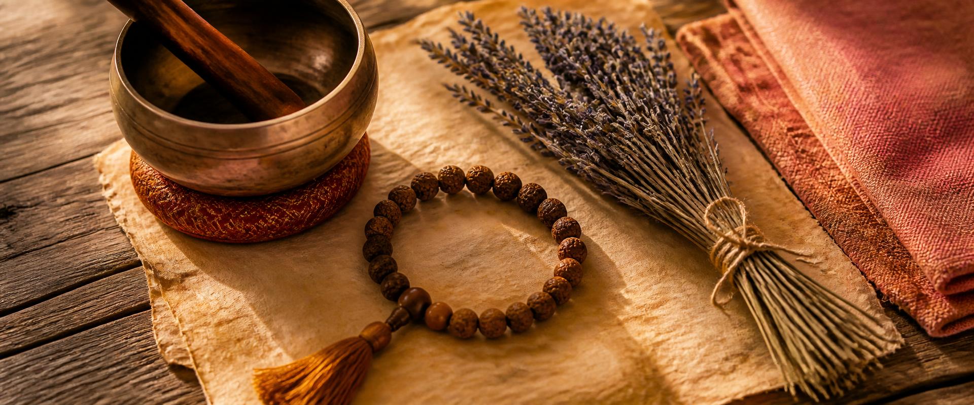 A singing bowl, mala beads, lavender, and folded cloth arranged on aged parchment in warm golden light