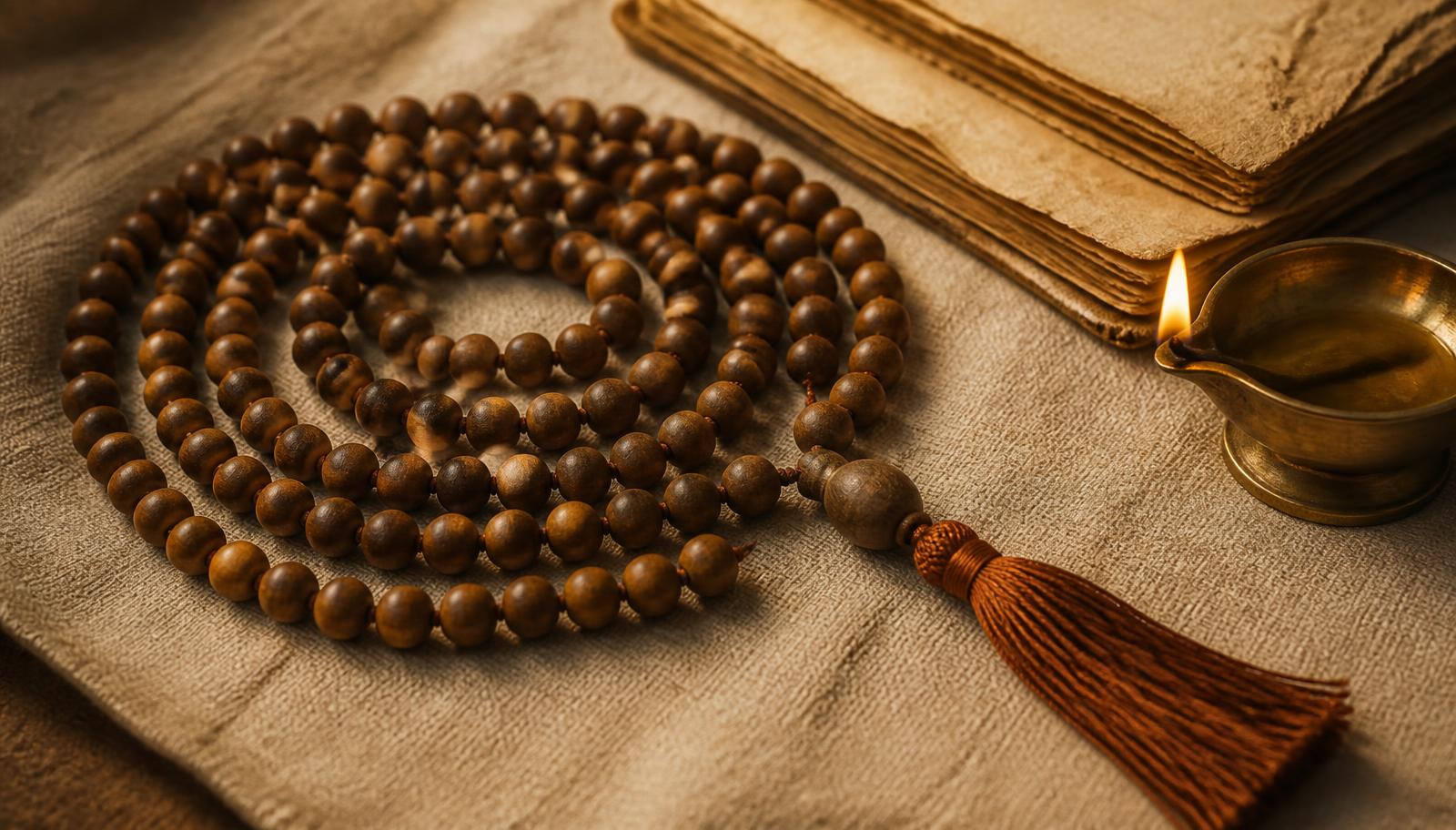A full 108-bead sandalwood mala with guru bead and silk tassel, coiled in a spiral on linen beside parchment pages and a lit brass oil lamp
