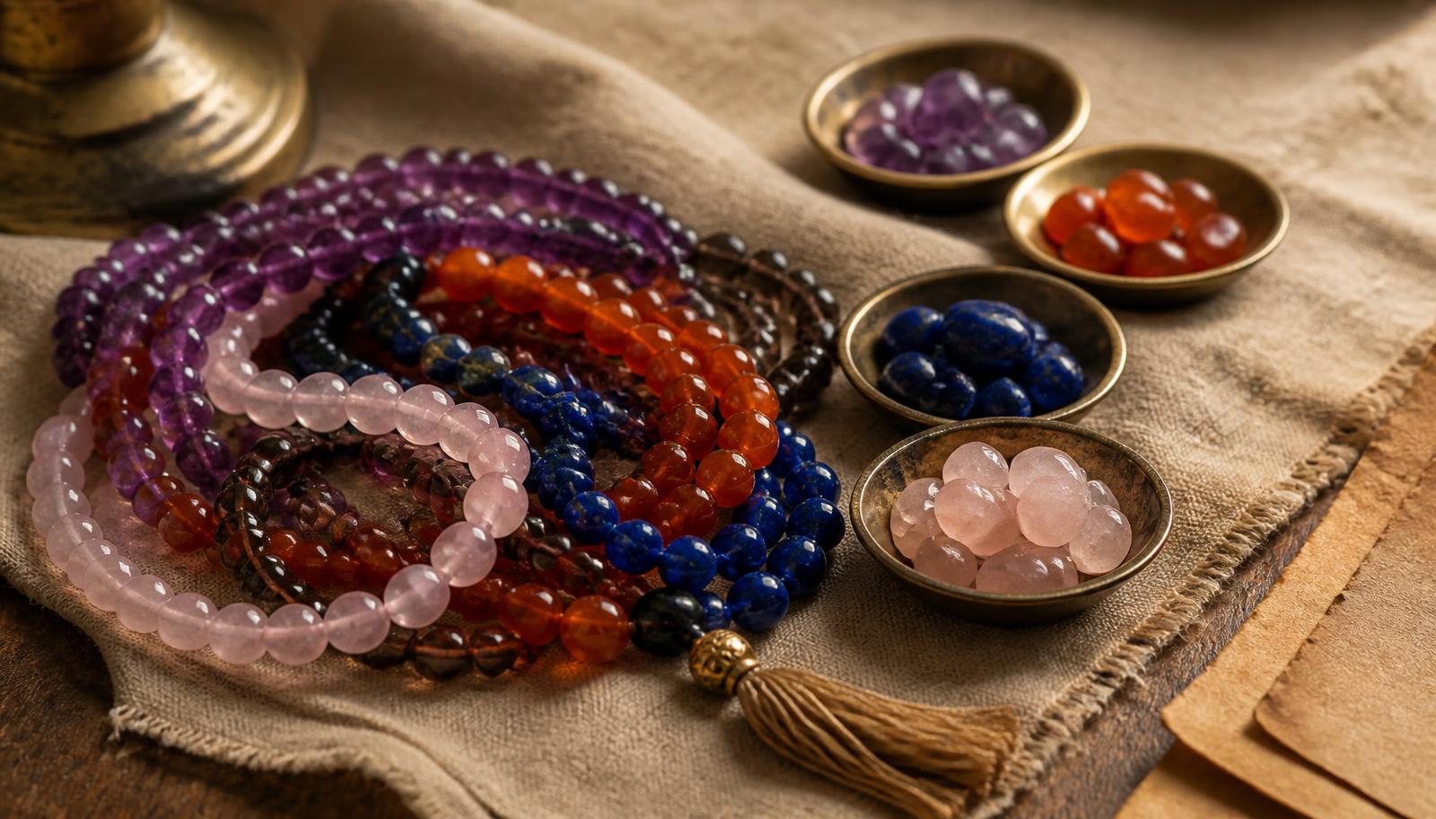 Strands of polished gemstone prayer beads coiled on linen beside small brass dishes of loose amethyst, carnelian, lapis and rose quartz