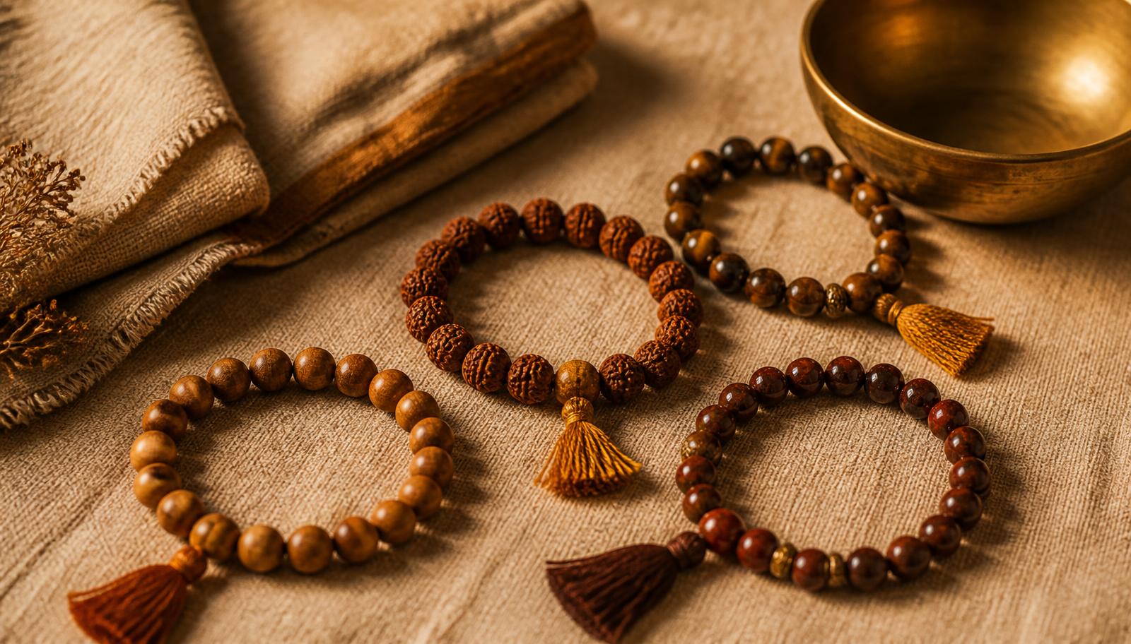 Several wrist mala bracelets in sandalwood, rudraksha seed and polished gemstone beads, arranged on linen beside a brass bowl in warm golden light