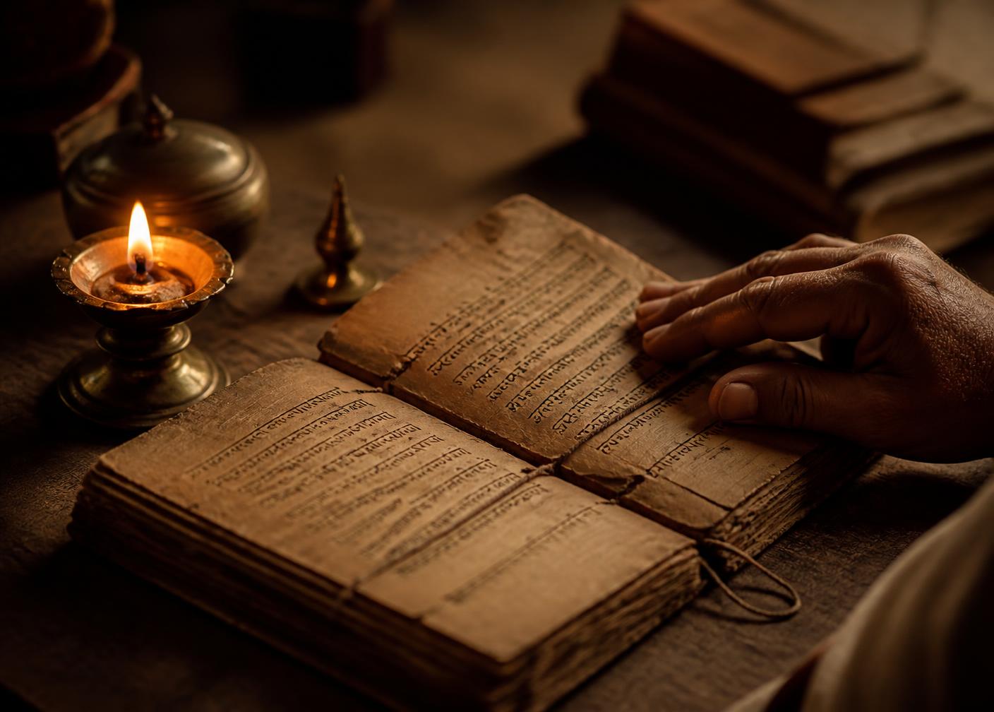 An open palm-leaf manuscript lit by a brass oil lamp, a hand resting near the page as if listening